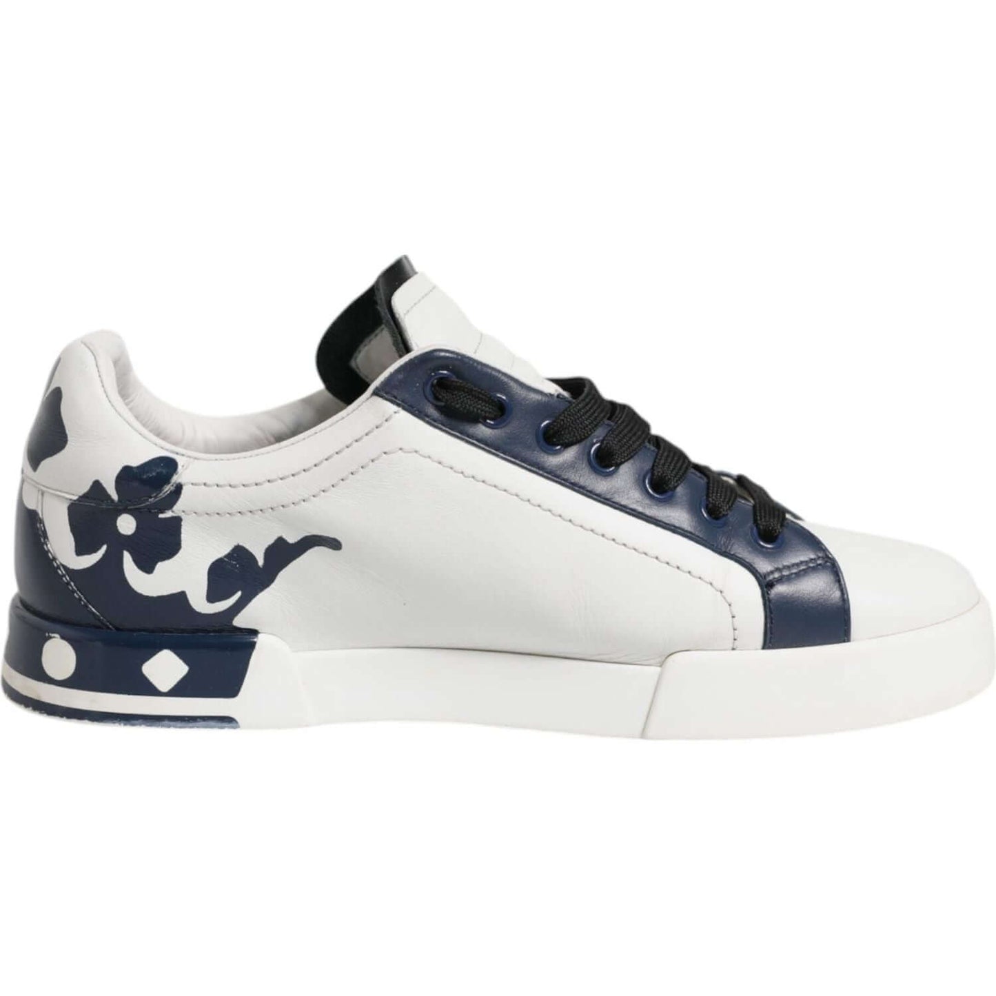 Dolce & Gabbana white blue leather sneakers with crown design, low-top style, rubber sole, lace-up closure, pre-owned shoes.