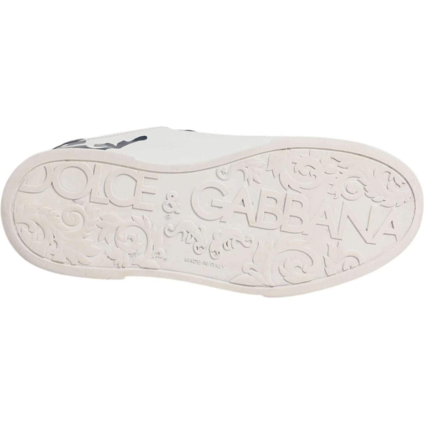 Sole of Dolce & Gabbana White Blue Leather Crown Milano Sneakers with logo engraving, showing intricate design and craftsmanship.