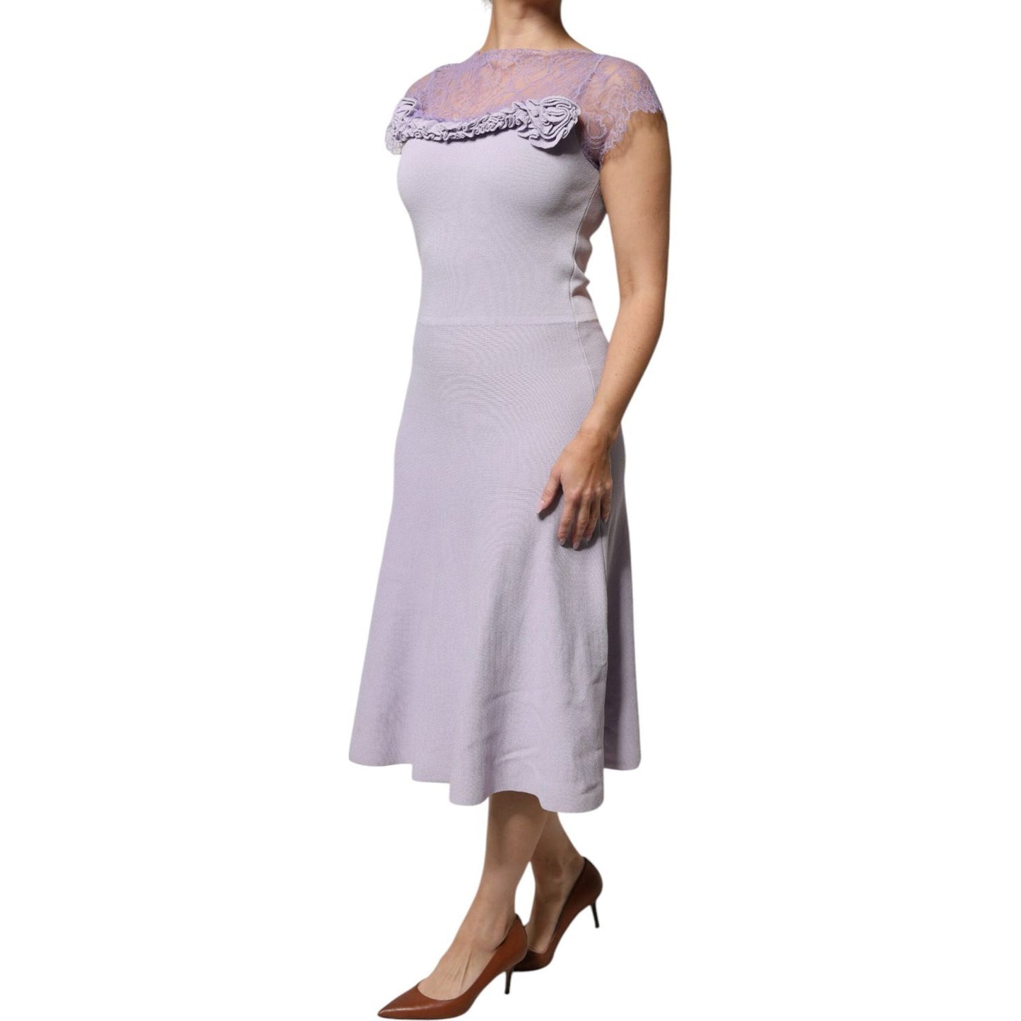Blumarine Purple Short Sleeves Floral Lace Trim A-line Midi Dress DR281361-40