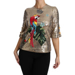Dolce & Gabbana Gold Parrot Motif Crewneck Blouse with Crystals Dolce & Gabbana Dark Slate Gray