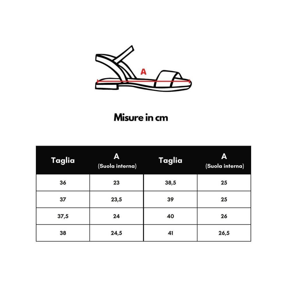 Size chart for sandals in EU sizes 36-41 with corresponding internal sole measurements in centimeters for each size.