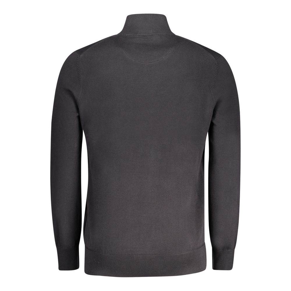 Back view of Timberland black cotton men's half-zip sweater, featuring sleek organic cotton and signature embroidery, perfect for casual wear.