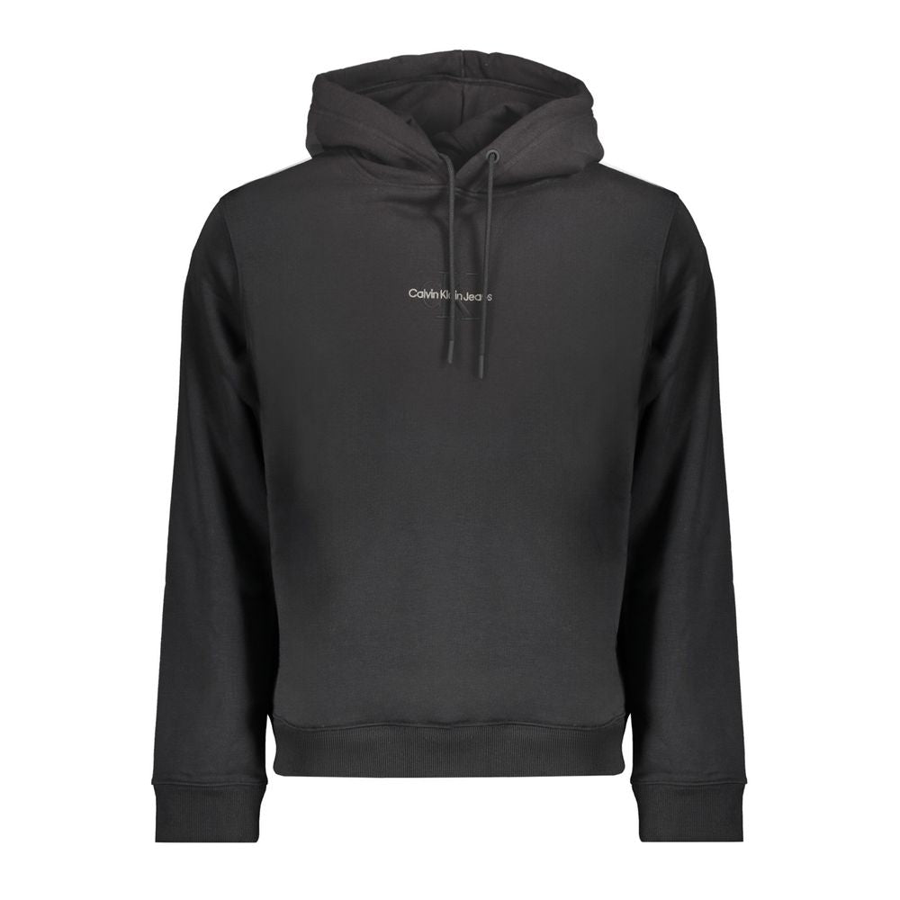 Calvin Klein black cotton hoodie with logo embroidery, made from 20% recycled cotton, featuring long sleeves and sweatshirt style.