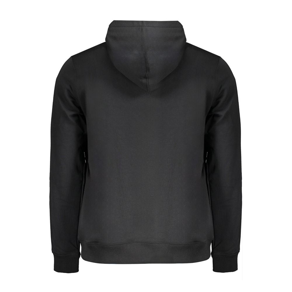 Back view of Calvin Klein black cotton hoodie with logo embroidery, featuring long sleeves and 20% recycled materials.