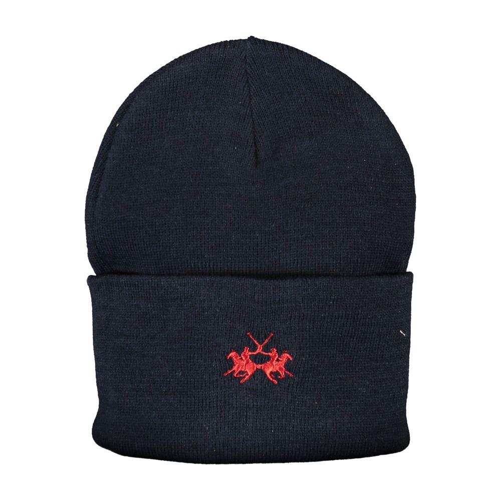 La Martina blue polyester hat with red embroidered logo, stylish and comfortable headwear ideal for casual outings and sports activities.