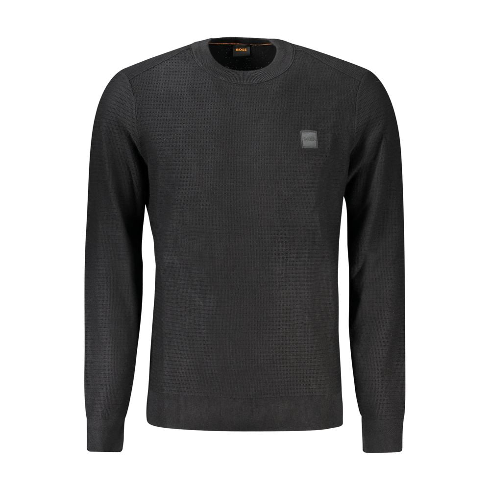 Hugo Boss black cotton men's sweater with crew neck and logo, featuring elegant contrasting details. Shop stylish men's apparel online.