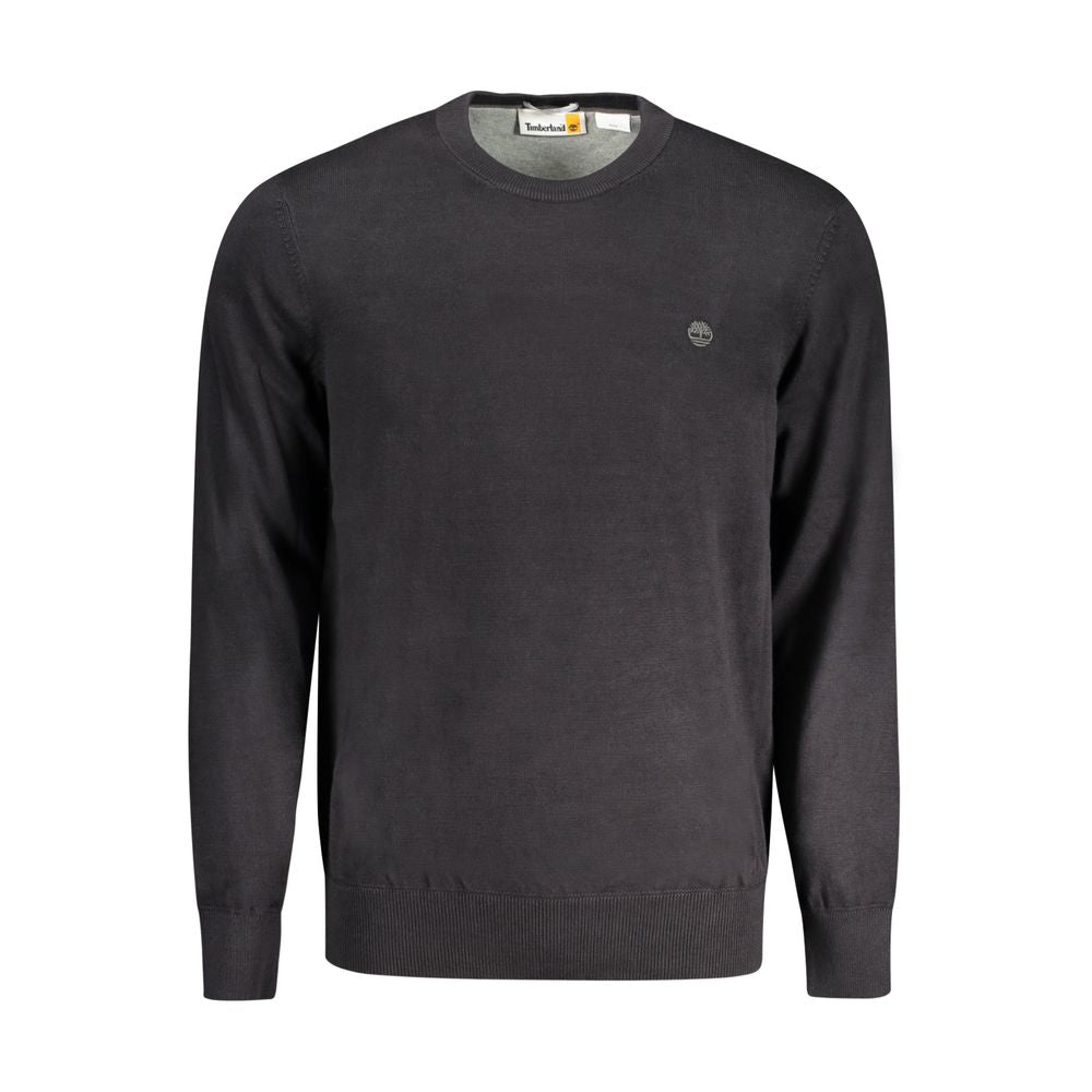 Timberland black cotton men's sweater, 100% organic, with crew neck and logo embroidery, long-sleeved eco-friendly fashion for layering.