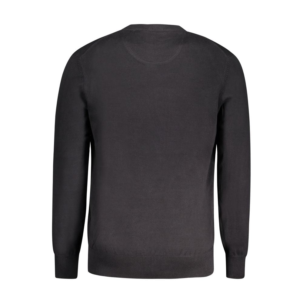 Back view of Timberland black cotton men's sweater showcasing long sleeves and crew neck, made from 100% organic material.