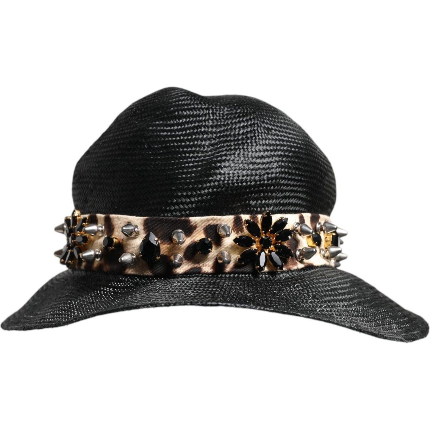Dolce & Gabbana black wide brim hat with crystal embellishments, studs, and leopard band, made of straw and cotton.