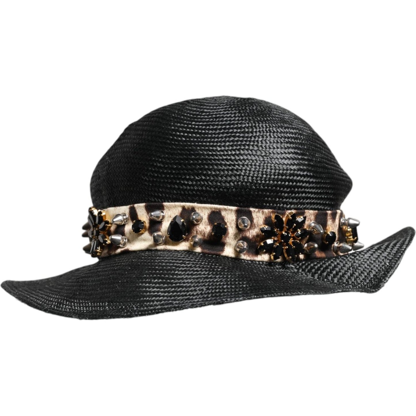 Dolce & Gabbana black wide brim hat with crystal embellishments, made of straw and cotton, featuring studded leopard-print band.