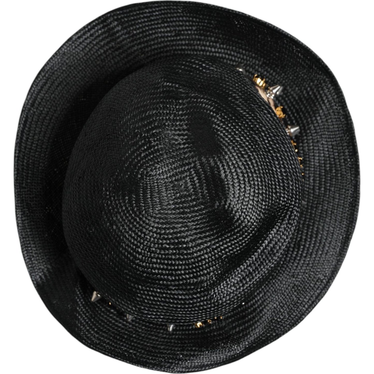 Dolce & Gabbana black straw wide brim hat with crystal embellishments, made in Italy. Fashionable, luxury women's accessory.