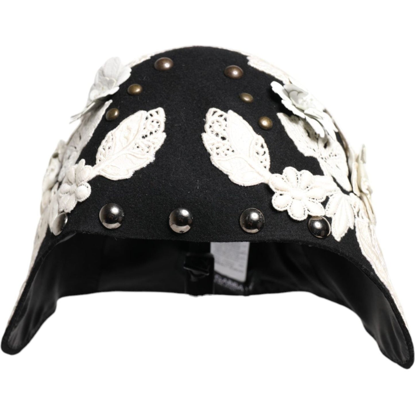 Dolce & Gabbana black cloche hat with white floral and gold leaf details, Sicily-inspired design, 100% wool, 100% silk lining