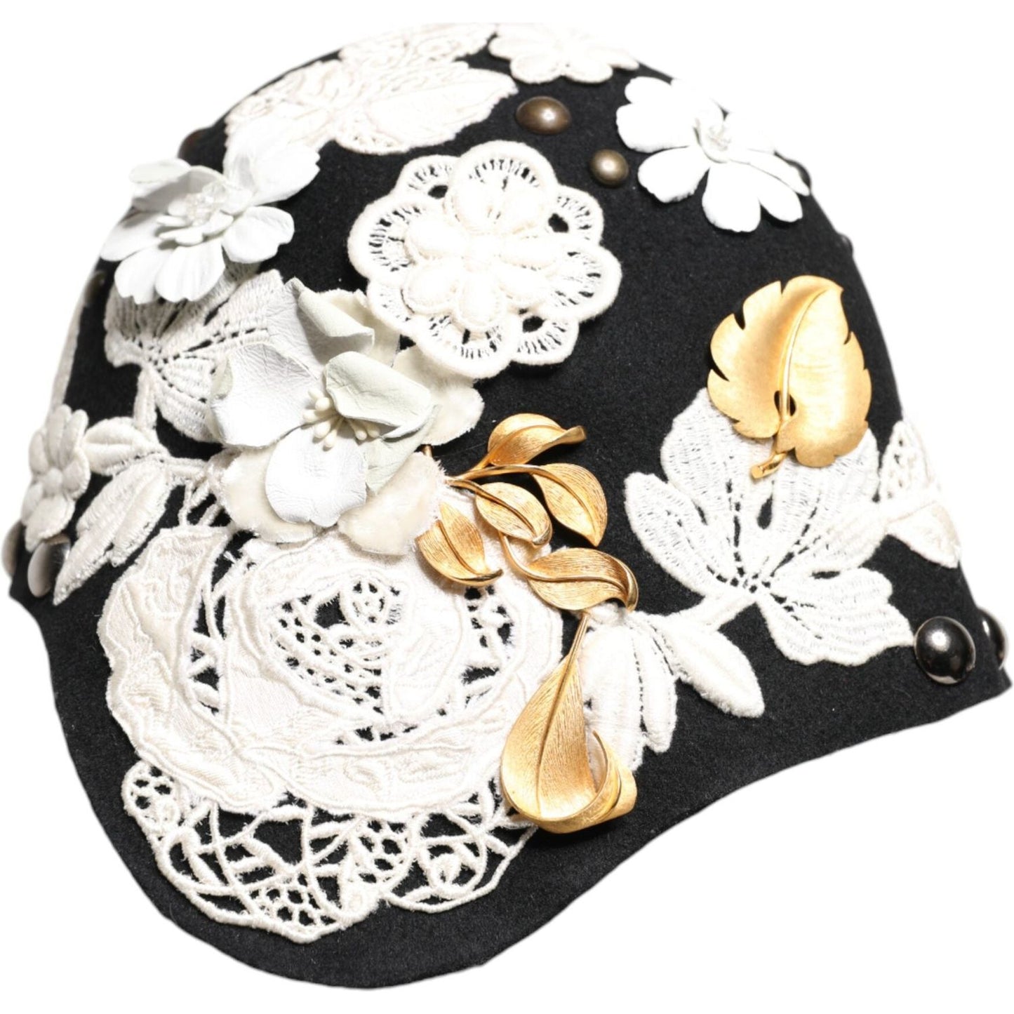 Dolce & Gabbana black wool cloche hat with white floral embroidery and gold leaf details, Sicily inspired, luxury women's hat.