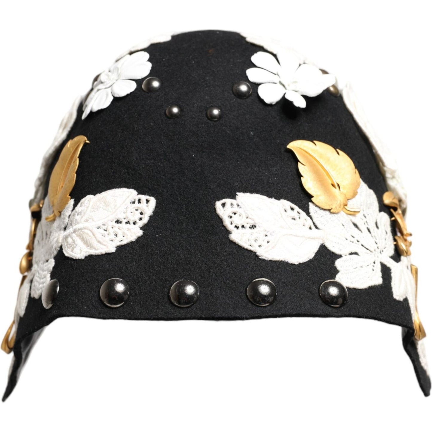 Dolce & Gabbana black wool cloche hat with white floral embroidery and gold leaf accents, Sicily-inspired design, made in Italy.