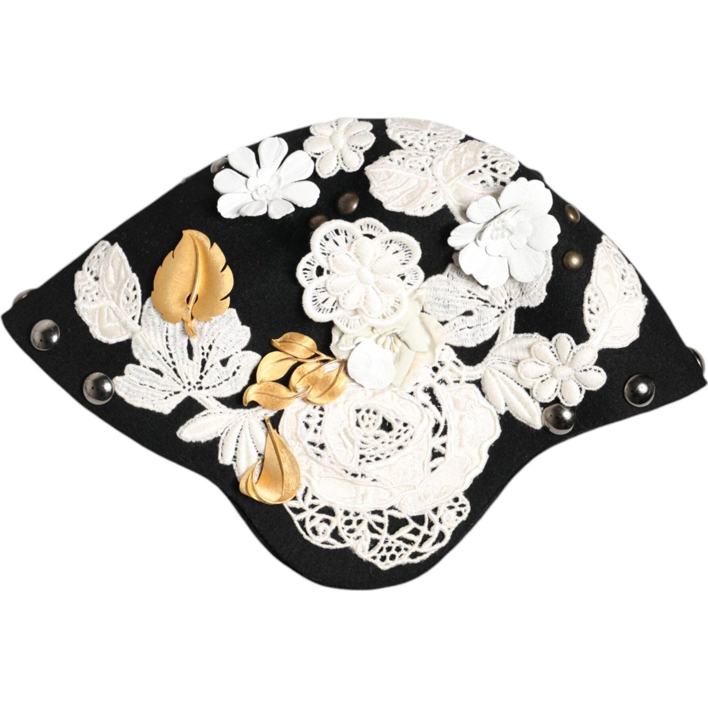 Dolce & Gabbana black wool cloche hat with white floral and gold leaf detailing, Sicily inspired, luxury women's fashion accessory.