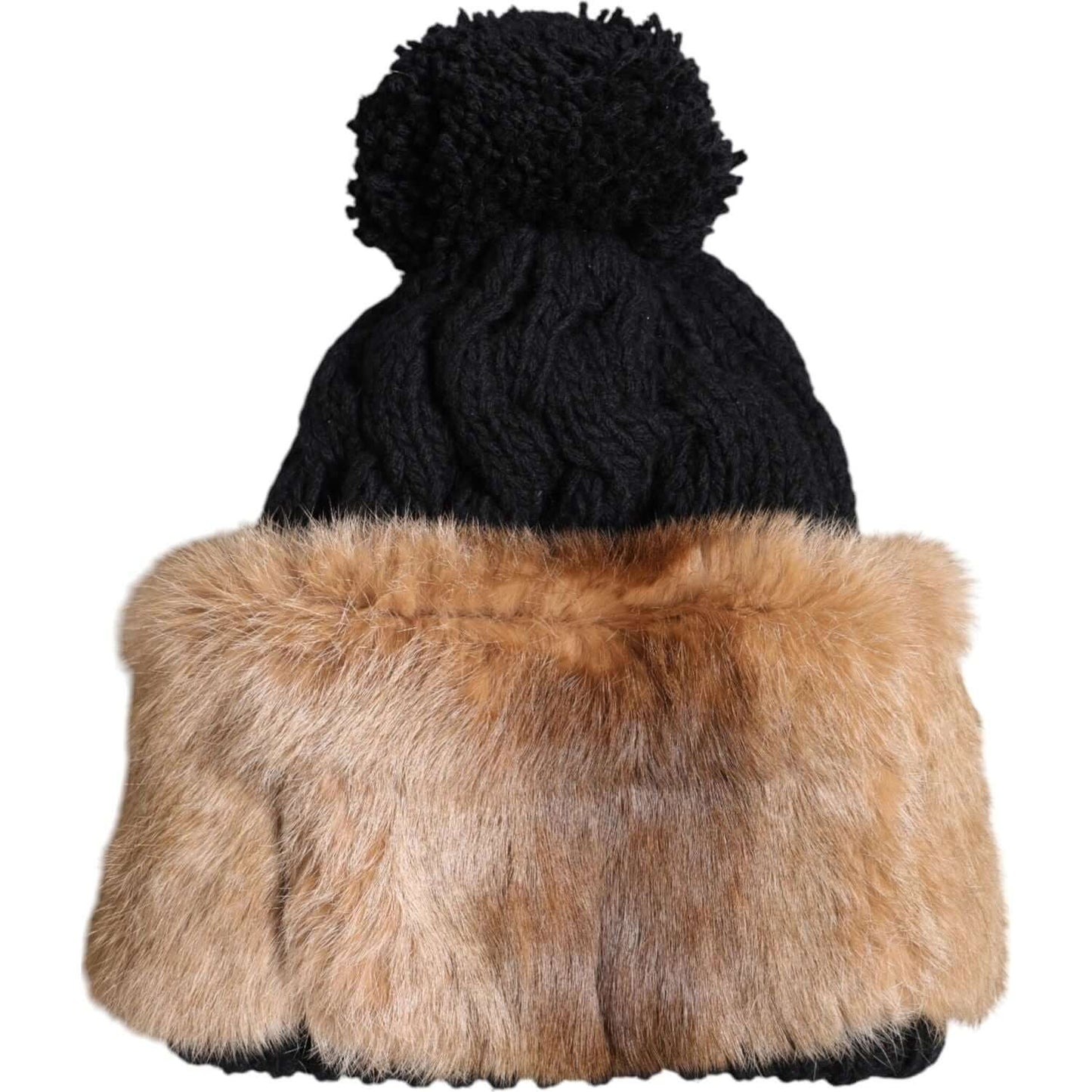Dolce & Gabbana black and brown beanie hat with dyed rabbit fur, 100% virgin wool, winter fashion accessory, made in Italy.