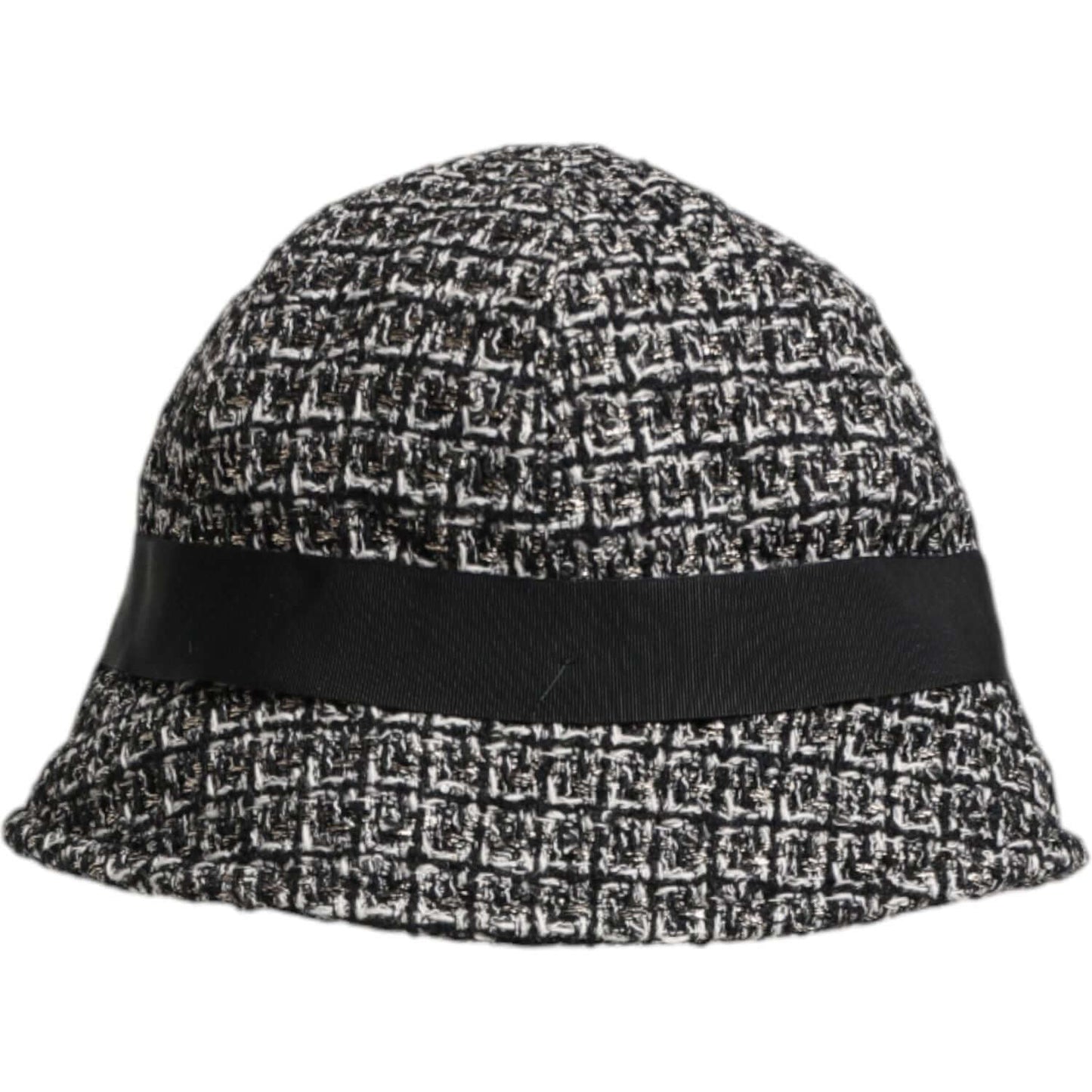 Dolce & Gabbana black cotton blend bucket hat with black and white pattern, featuring logo details, made in Italy.