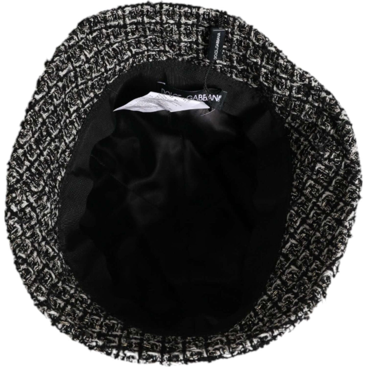 Dolce & Gabbana black cotton blend bucket hat showing interior and logo, made with cotton, acrylic, polyester, wool, alpaca, mohair.