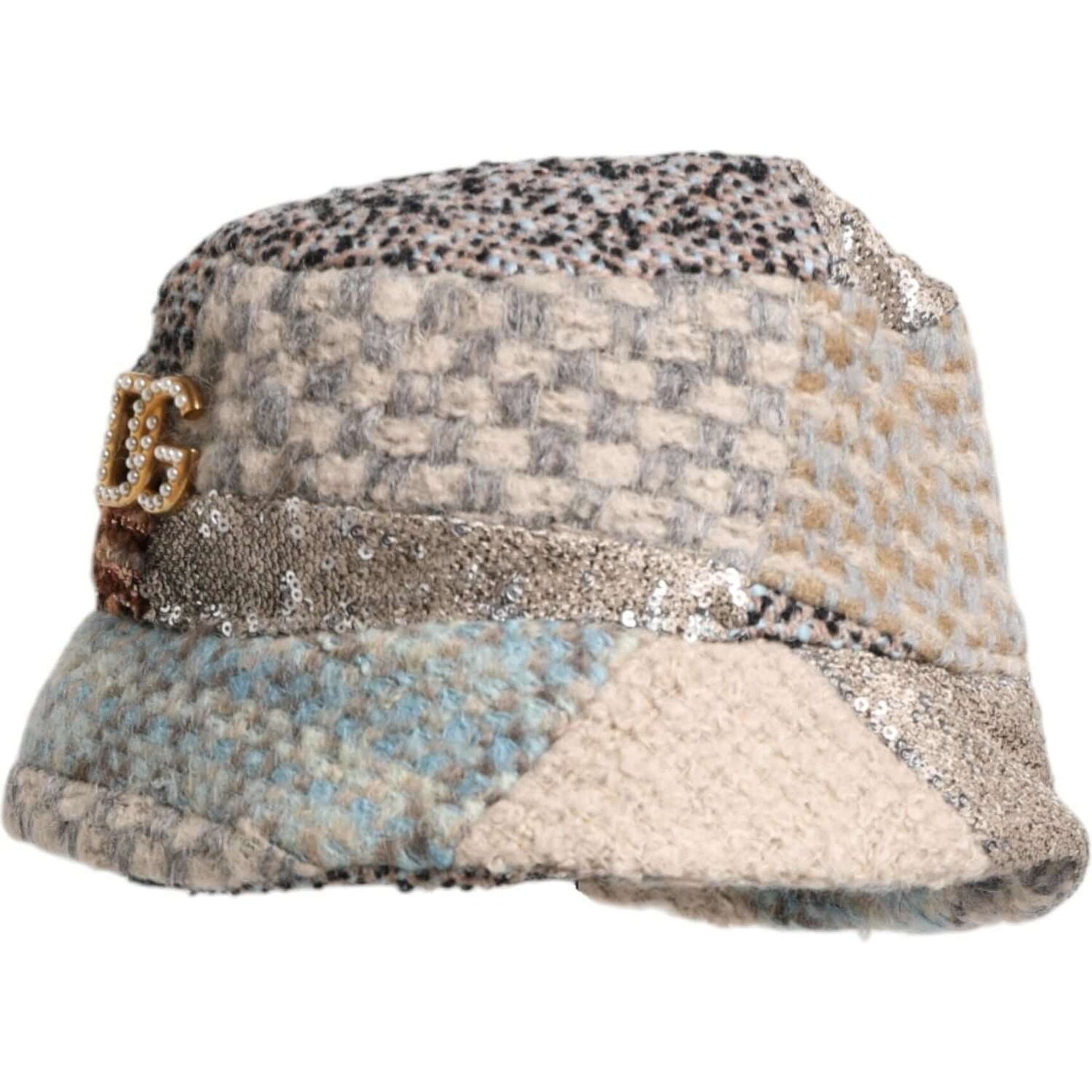 Dolce & Gabbana multicolor patchwork embellished bucket hat with logo, made in Italy, showcases luxury and style.