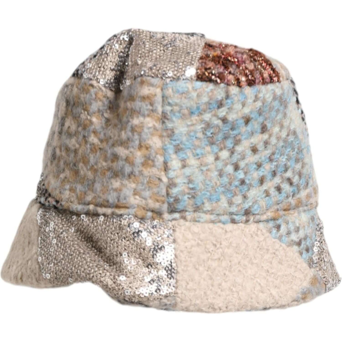 Dolce & Gabbana multicolor patchwork bucket hat with embellishments, women's fashion accessory, made in Italy, product view.