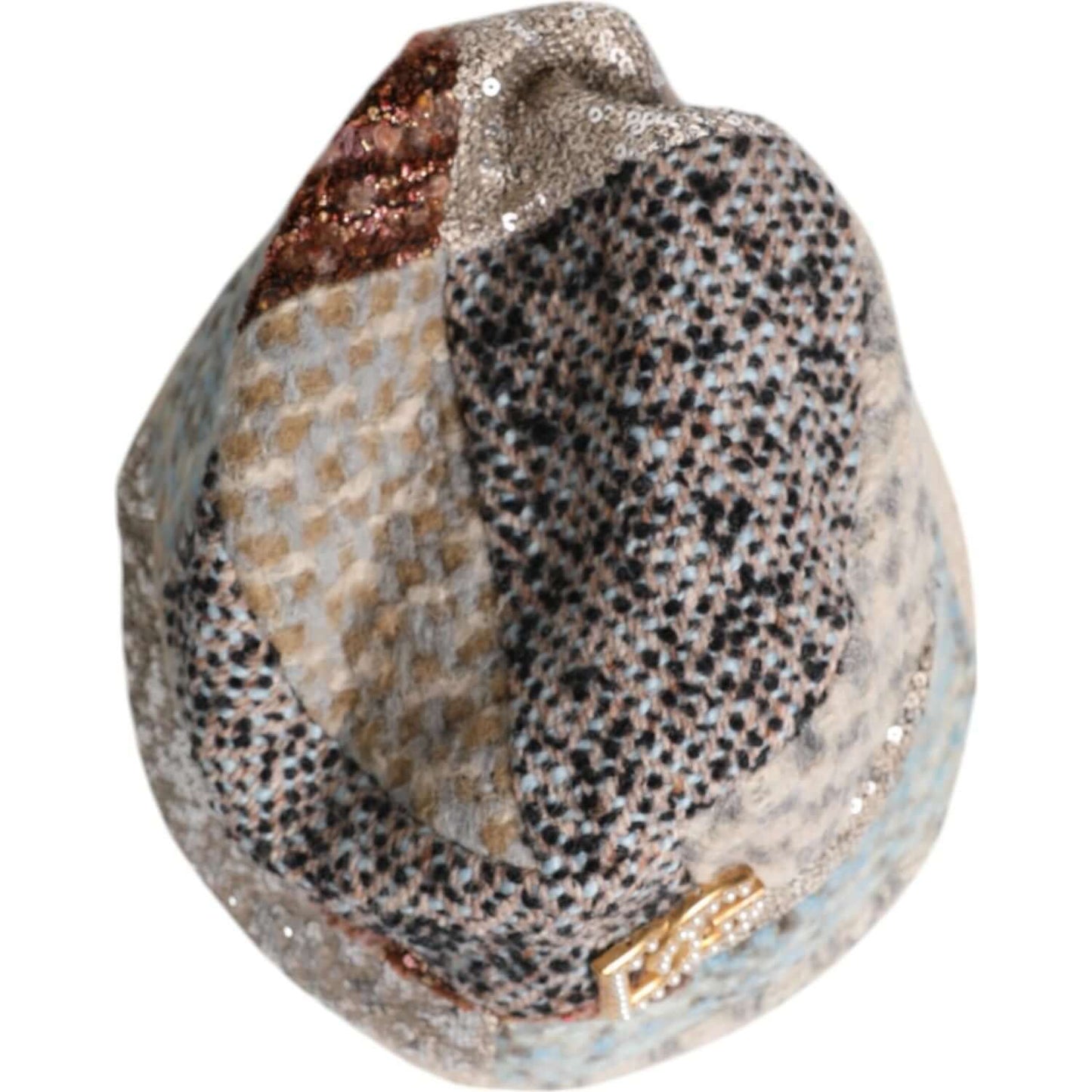 Dolce & Gabbana multicolor patchwork bucket hat with embellishments, textured fabric, and logo detail, made in Italy.