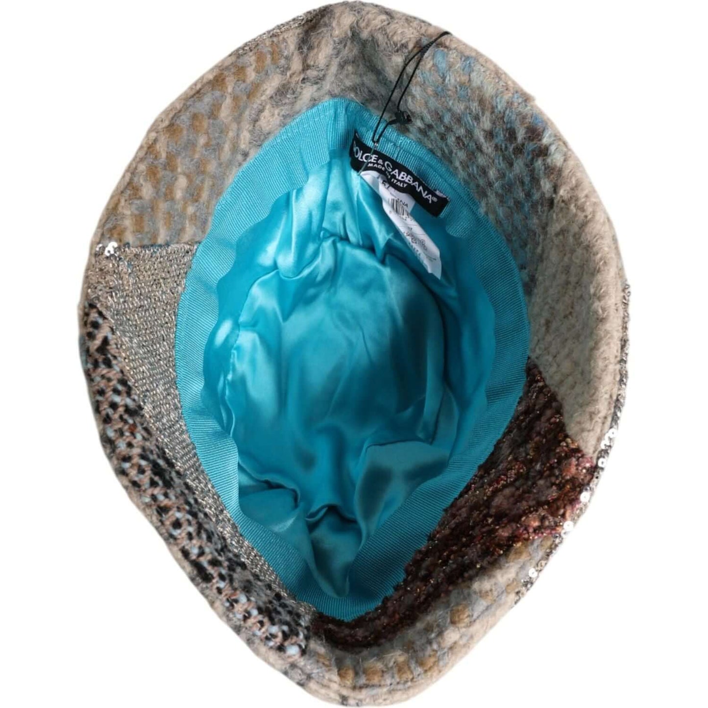 Dolce & Gabbana multicolor patchwork embellished bucket hat with blue lining and logo details, made in Italy.