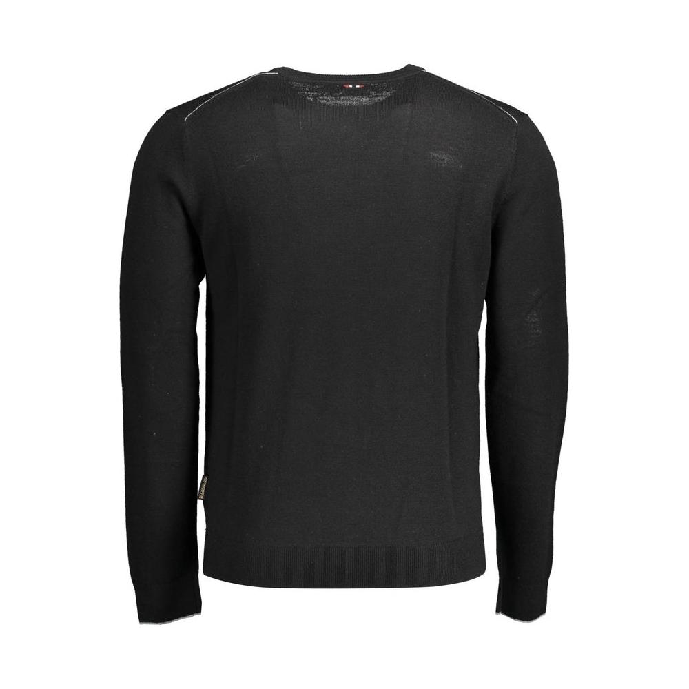 Napapijri black wool men's sweater with iconic embroidery and logo, designed for warmth and style, perfect for casual wear.