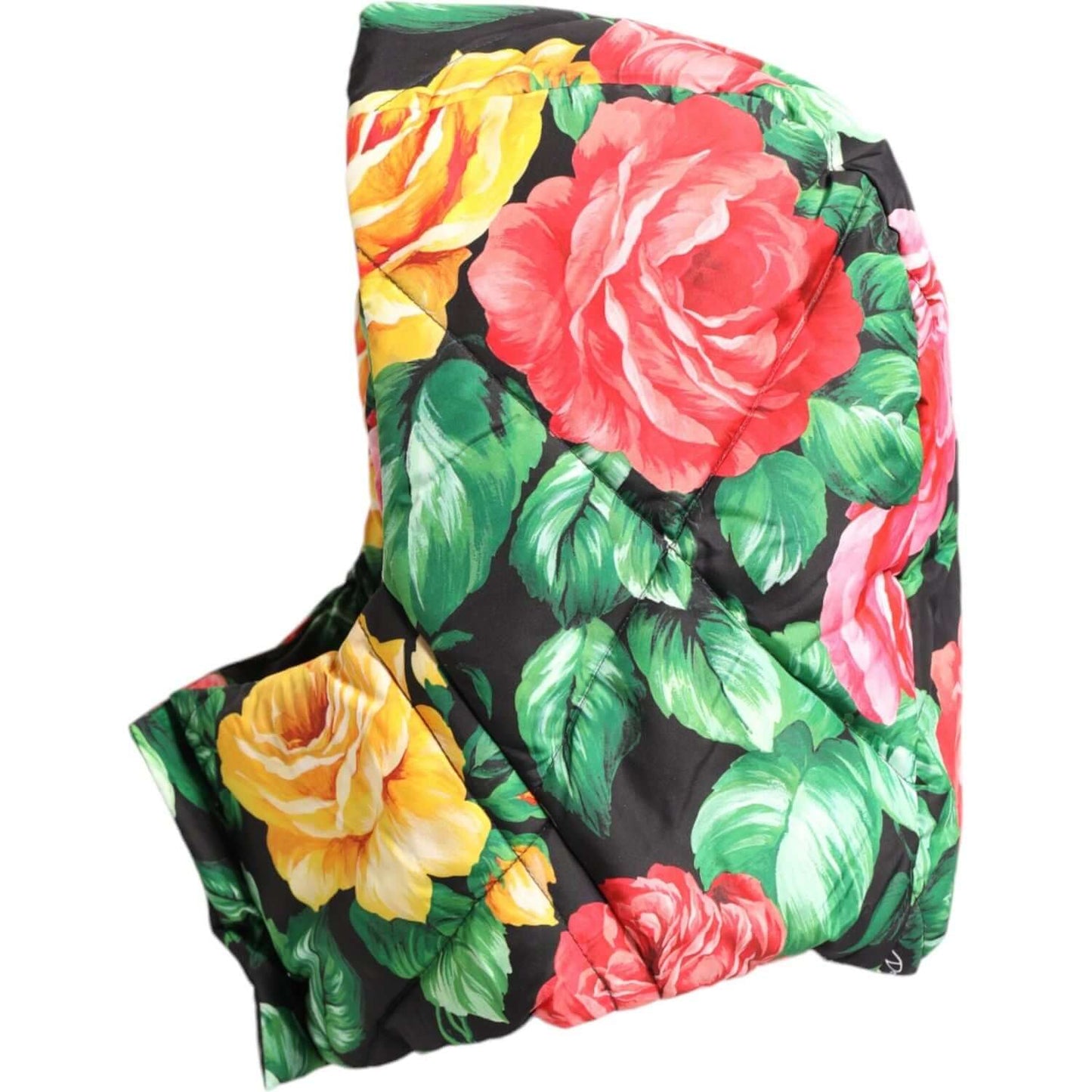 Dolce & Gabbana multicolor floral print head wrap hat with vibrant roses, polyester material, luxury fashion accessory.