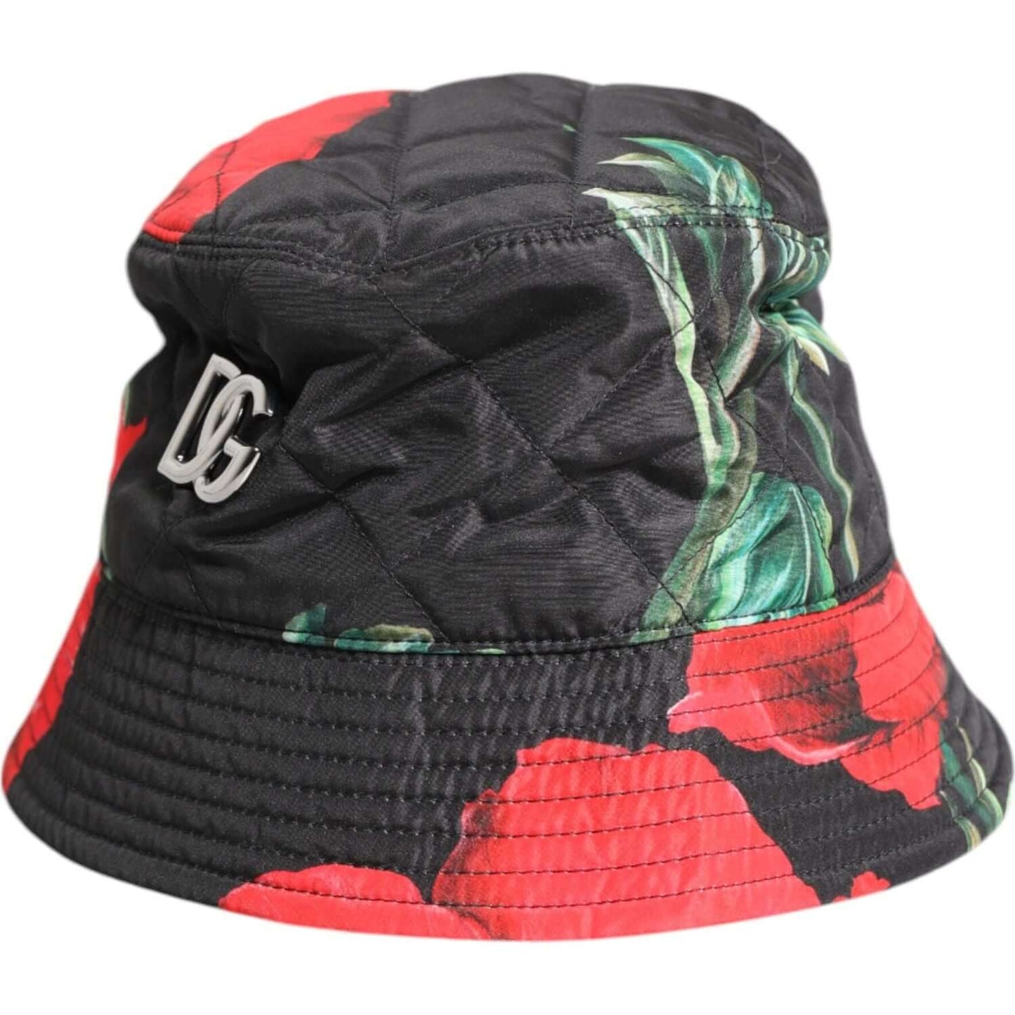 Dolce & Gabbana multicolor bucket hat with DG plaque, quilted design, floral pattern, made of polyester, side logo, wide brim.