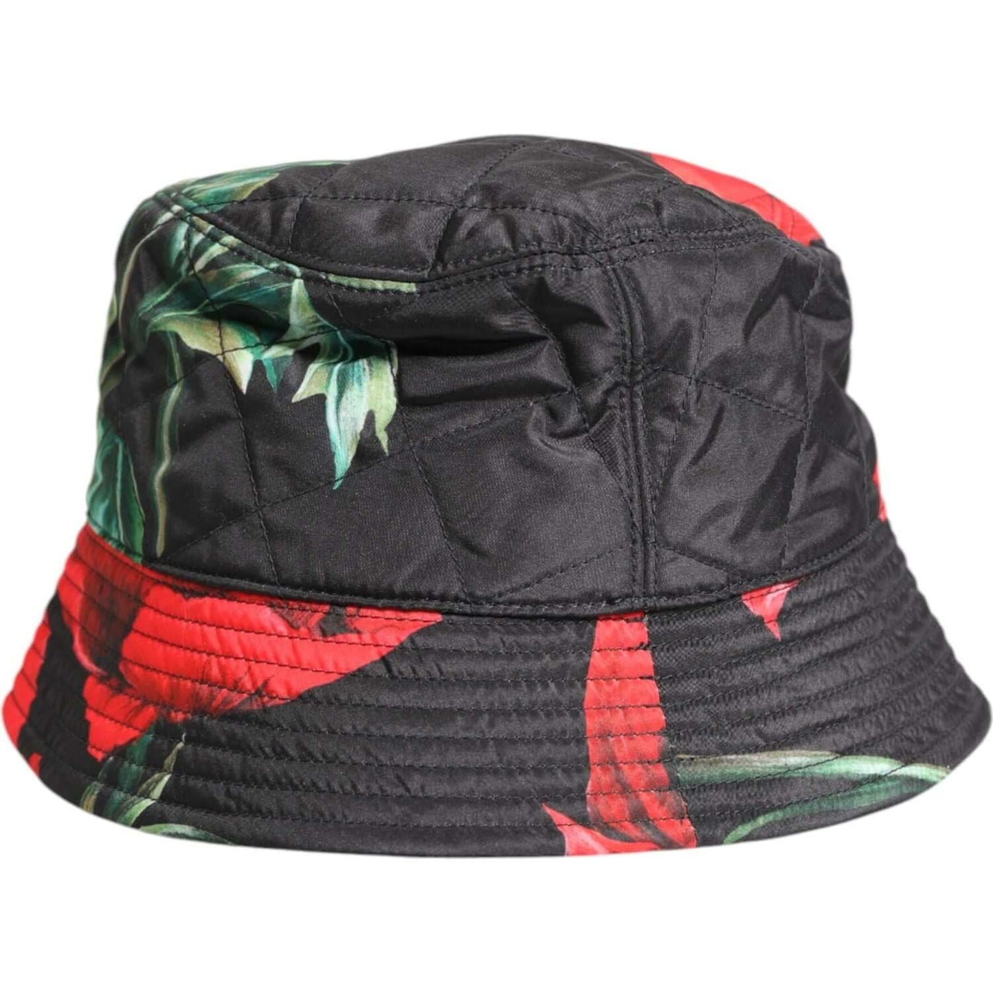 Dolce & Gabbana multicolor bucket hat with wide brim, showcasing floral pattern and DG plaque, made of 100% polyester.