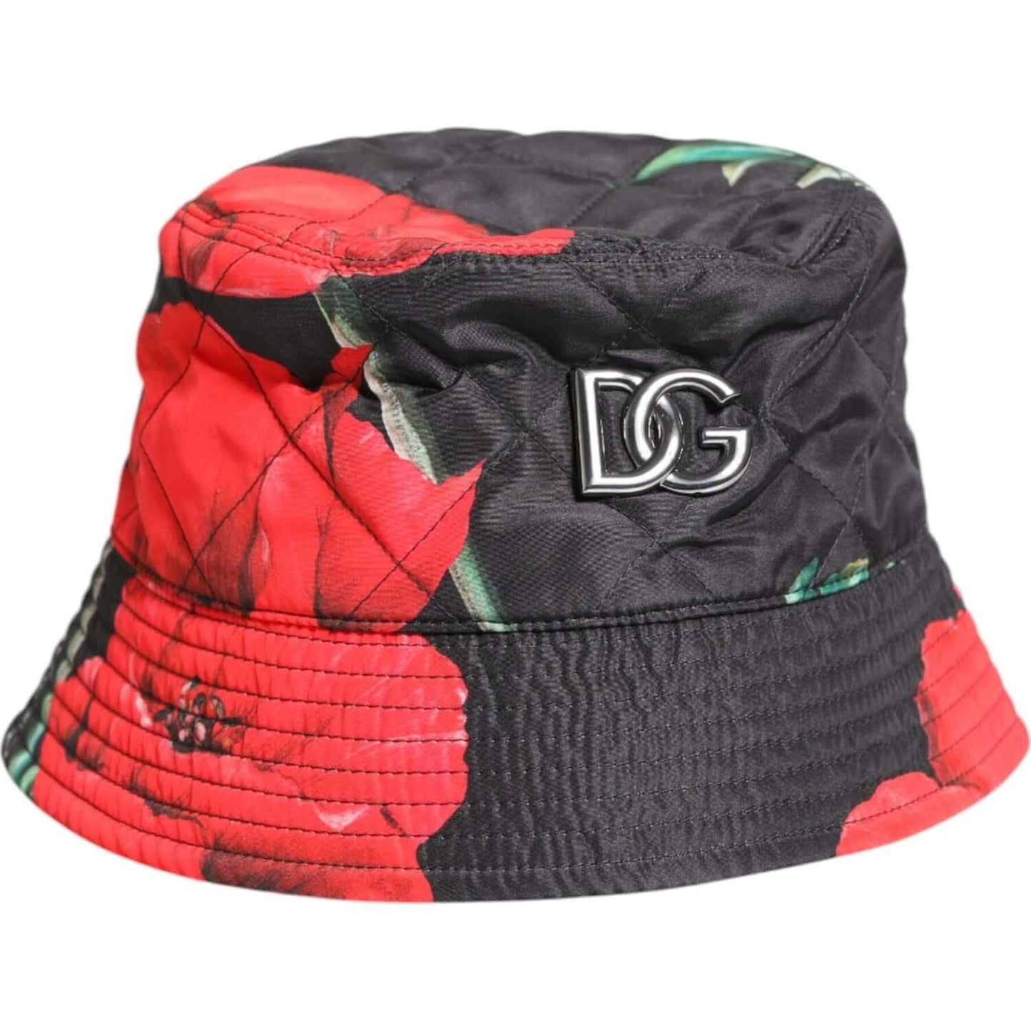 Dolce & Gabbana multicolor DG plaque bucket hat with floral pattern, polyester material, made in Italy, wide brim style.