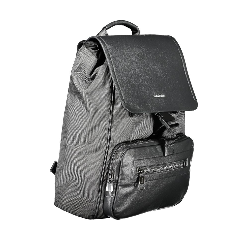 Calvin Klein black polyester backpack with adjustable straps, laptop holder, drawstring closure, and external pockets.