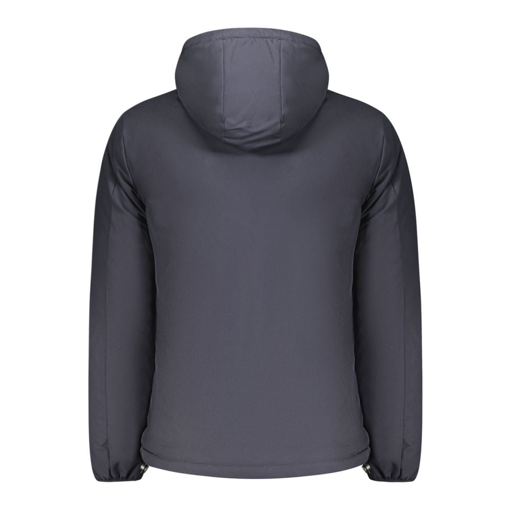 Back view of Norway 1963 black polyester men's jacket with hood, long sleeves, and sleek design.
