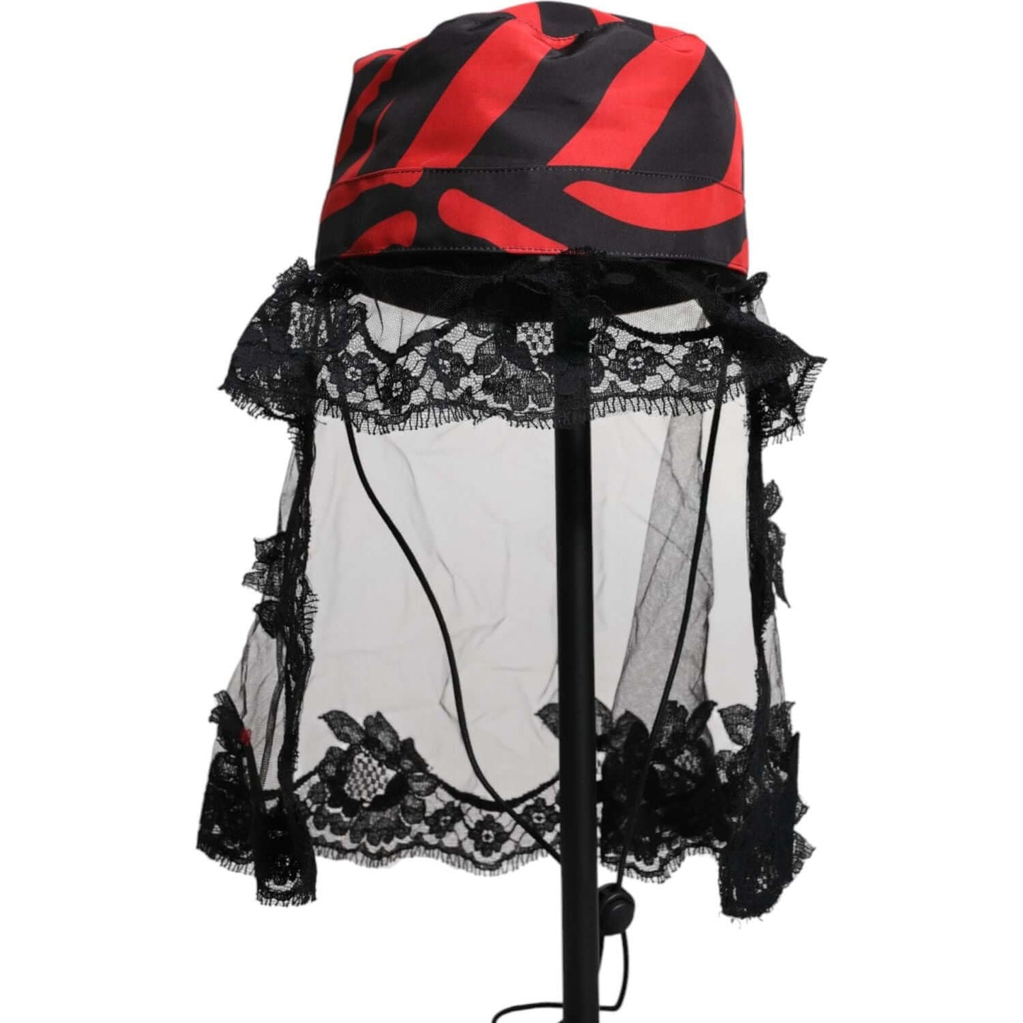 Dolce & Gabbana black-red striped lace tulle bucket hat, 100% polyester, elegant fashion accessory made in Italy.