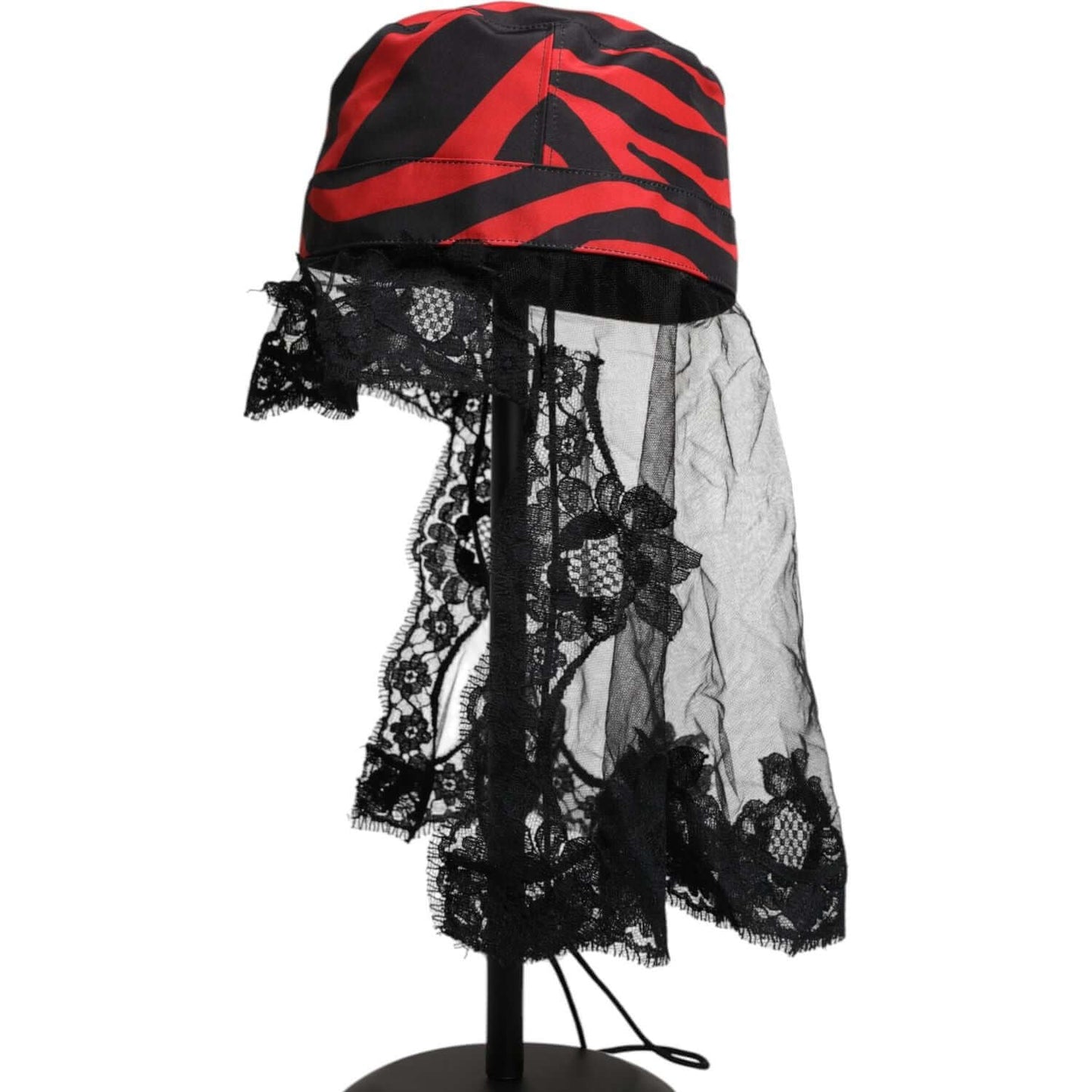Dolce & Gabbana black red striped lace bucket hat, 100% polyester, with floral lace details, luxury women’s fashion made in Italy.