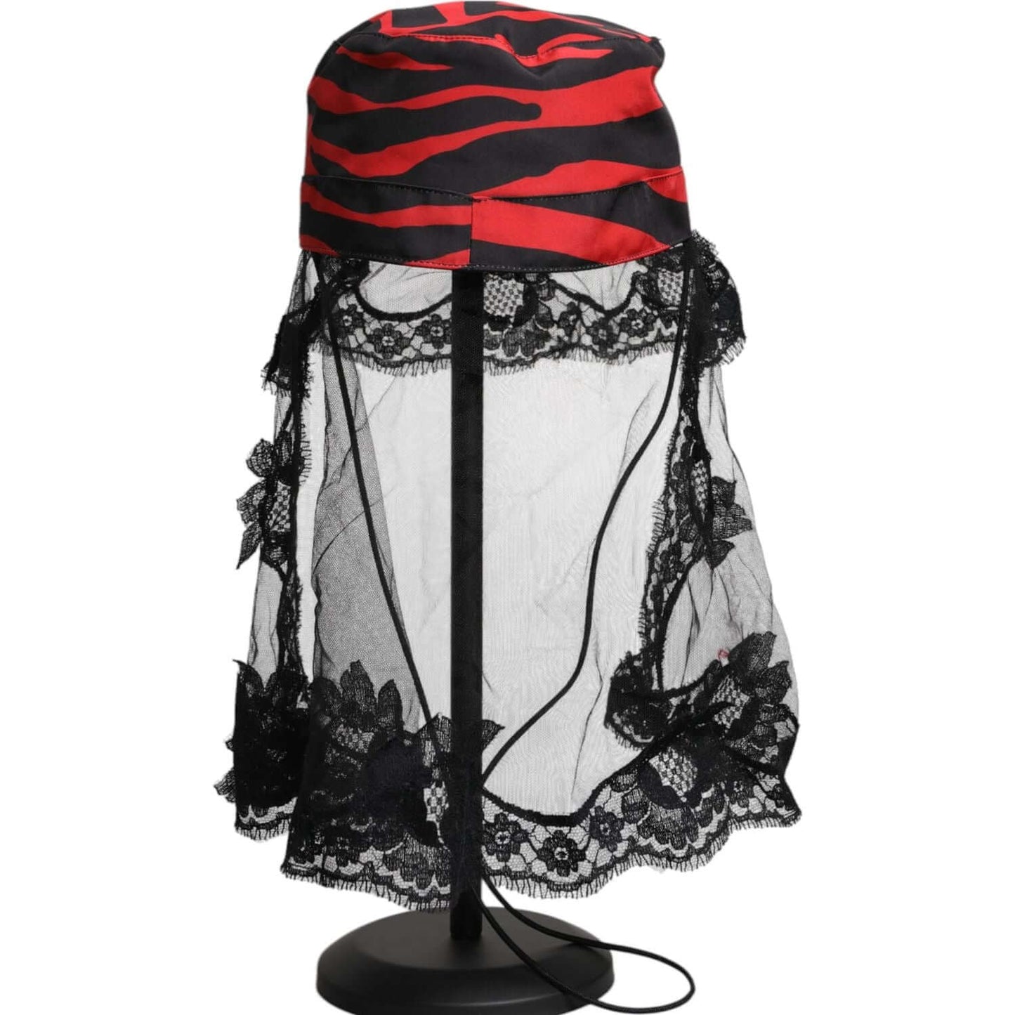 Dolce & Gabbana women's bucket hat, black with red stripes, lace tulle design, 100% polyester, made in Italy.