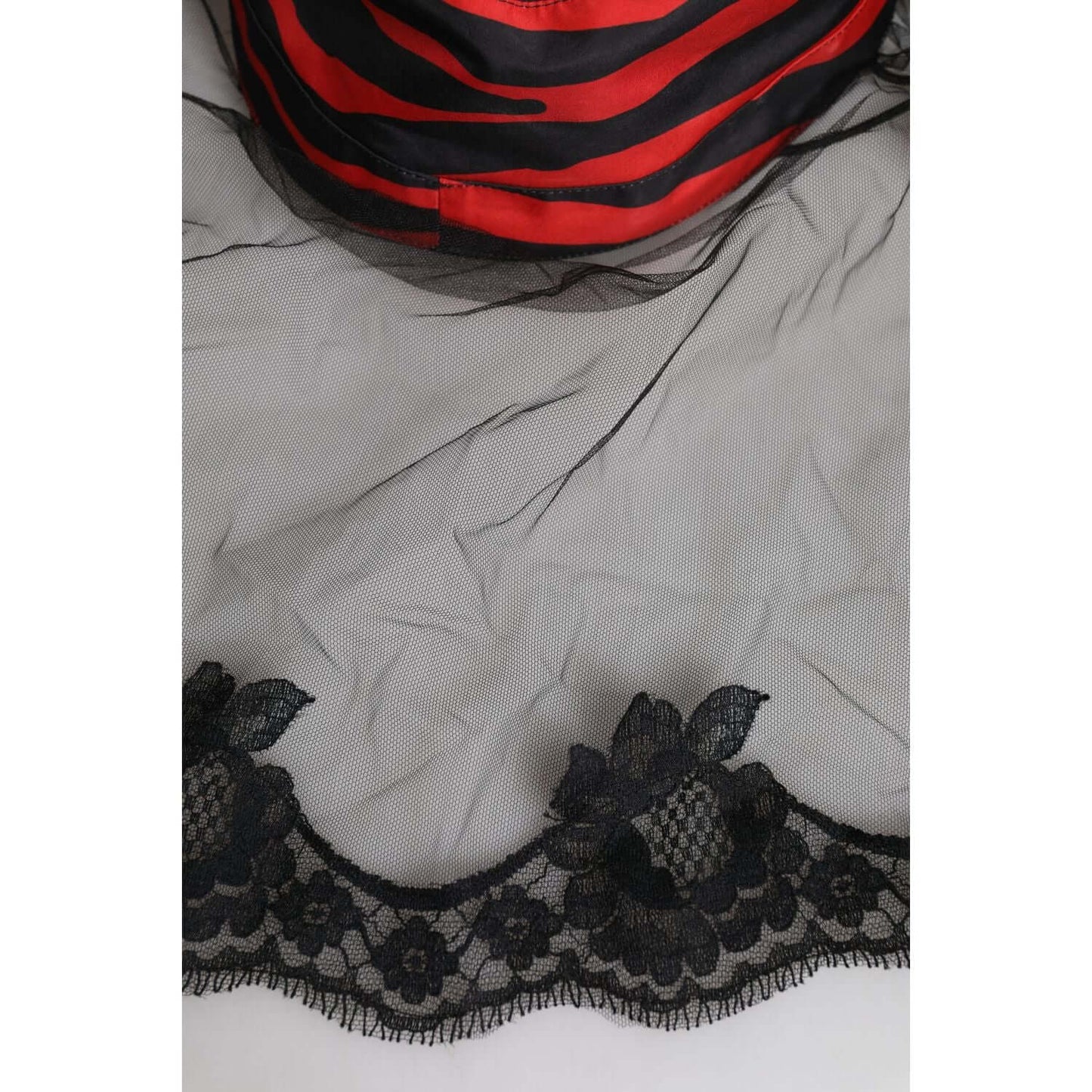 Dolce & Gabbana bucket hat featuring black tulle with lace detail and bold red stripes, made in Italy from 100% polyester.