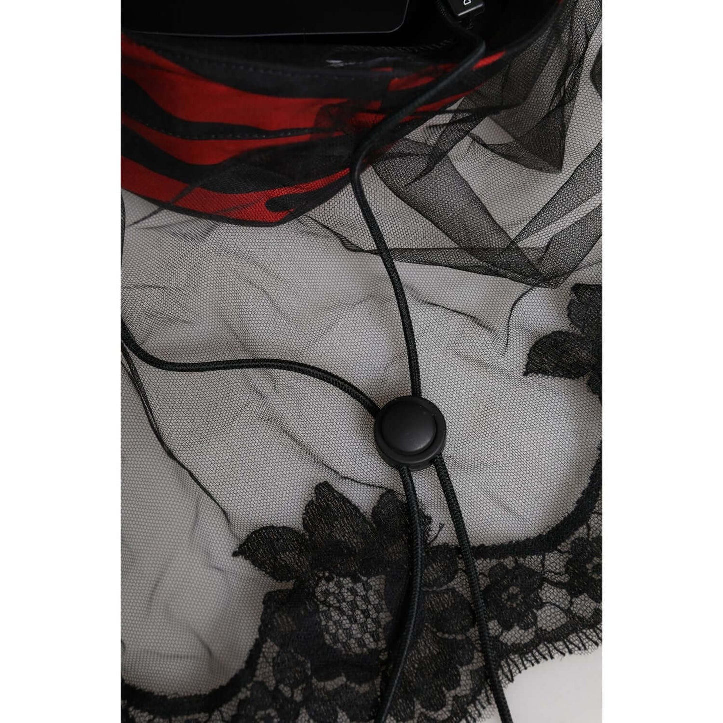 Dolce & Gabbana black red striped lace tulle bucket hat with drawstring detail, made in Italy.