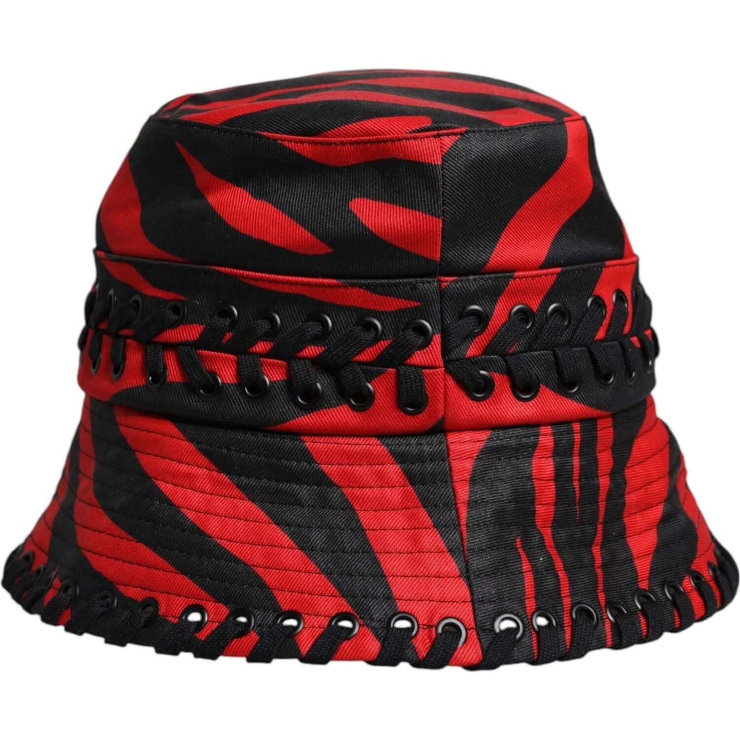 Dolce & Gabbana black and red striped polyester wide brim bucket hat with logo details, made in Italy.
