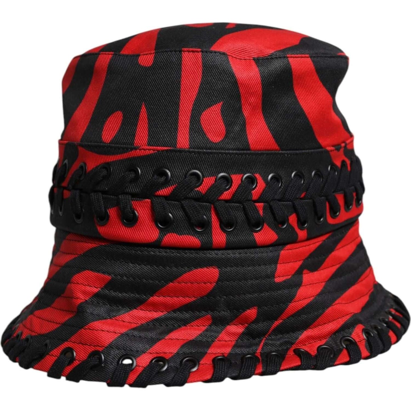 Dolce & Gabbana black and red stripe polyester wide brim bucket hat with logo details, made in Italy. Fashionable and stylish design.