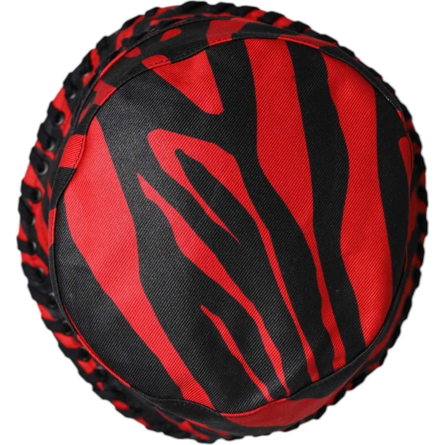 Dolce & Gabbana black red stripe polyester wide brim bucket hat, top view, showcases bold pattern and luxurious design.