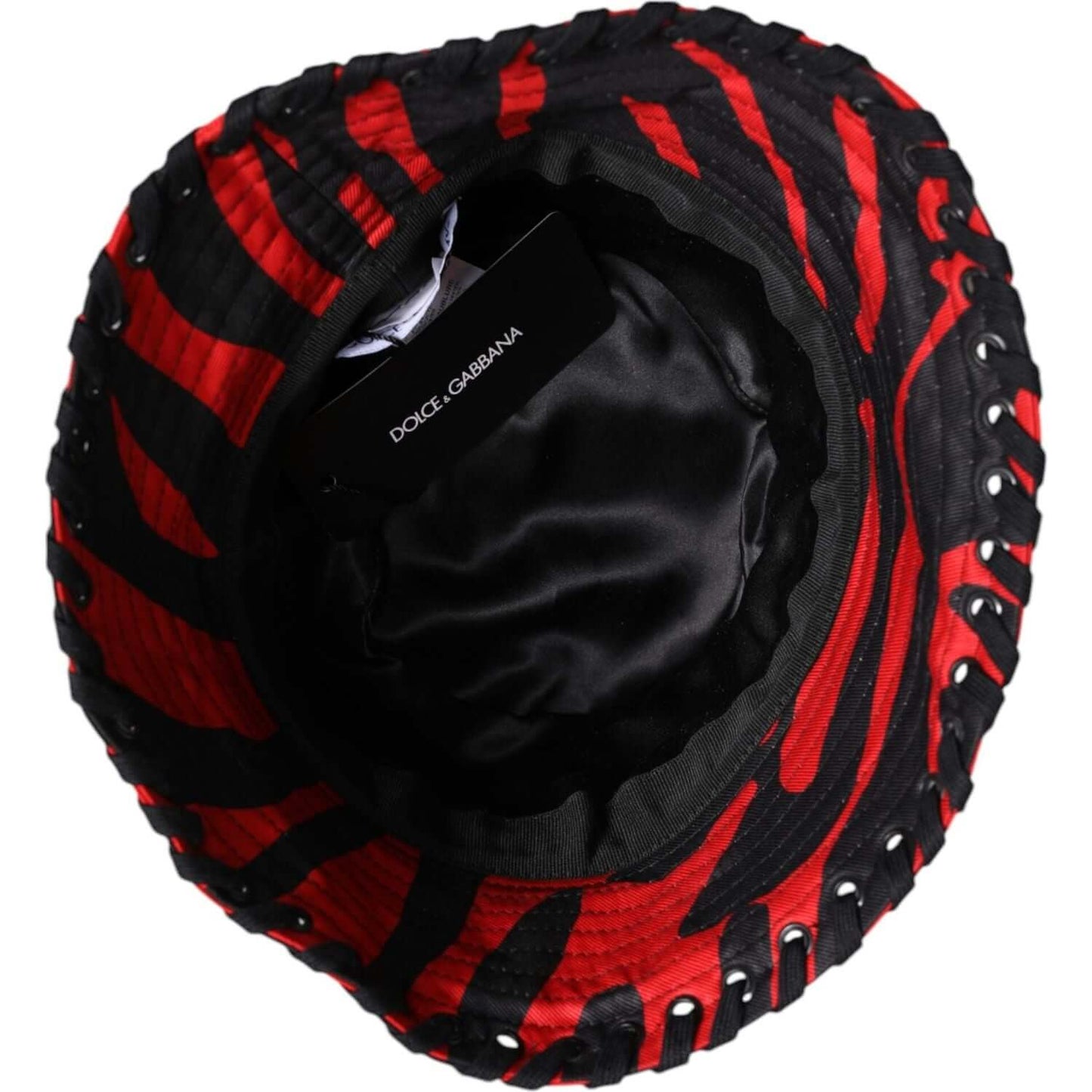 Dolce & Gabbana black and red stripe polyester wide brim bucket hat with logo, made in Italy, top view.