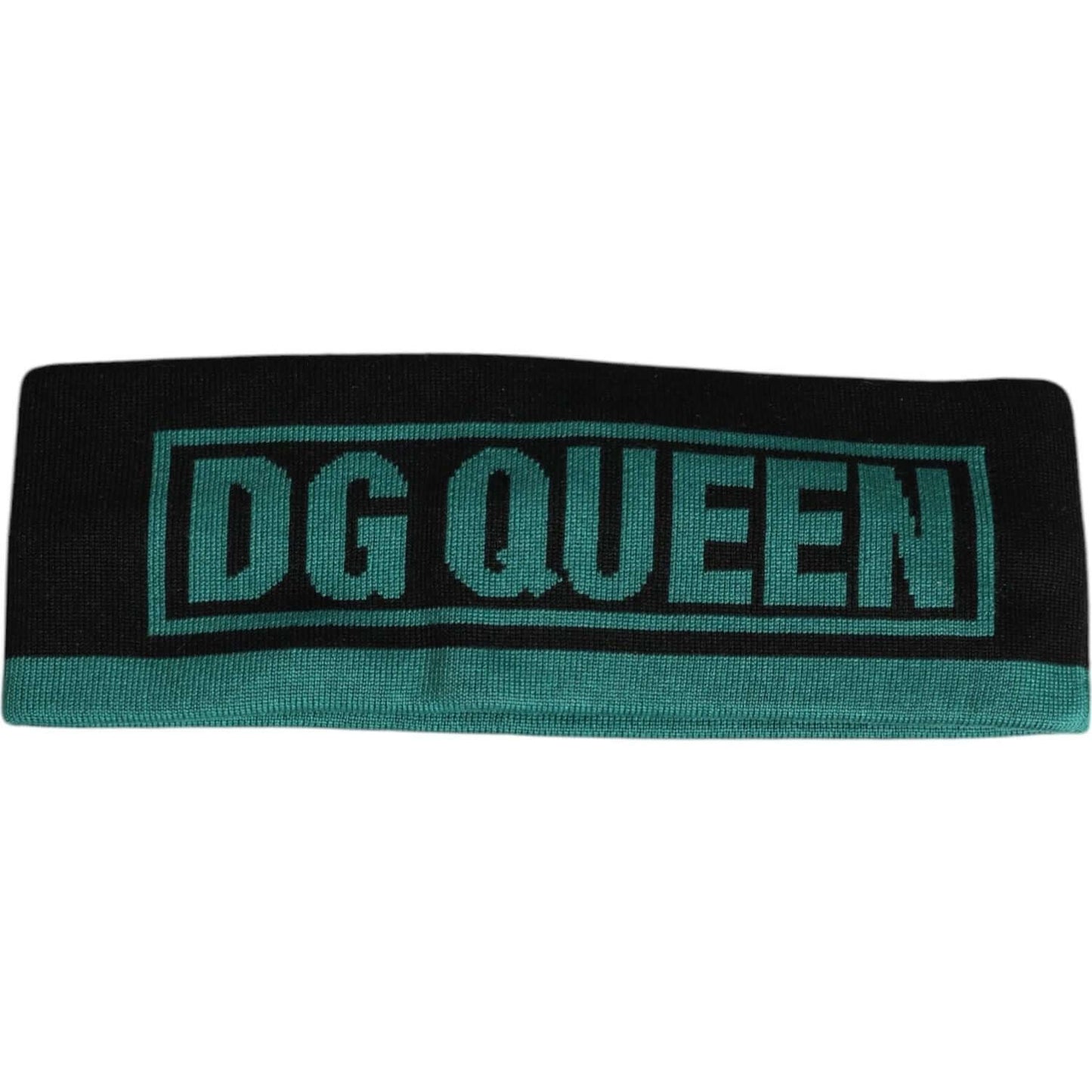 Dolce & Gabbana black silk DG Queen headband with green knitted logo details, made in Italy, luxury women's accessory.