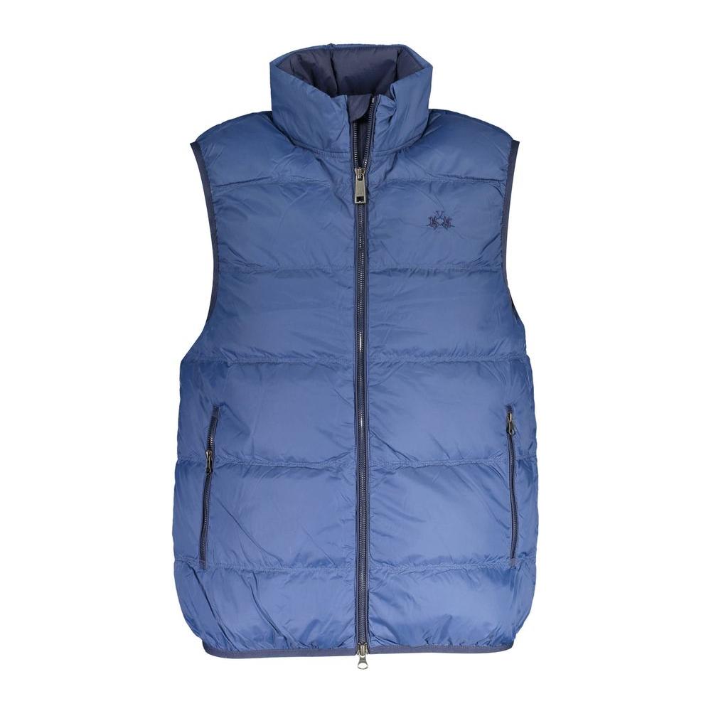 La Martina blue sleeveless polyamide men's jacket with four pockets and signature embroidery, stylish design, bold urban fashion.