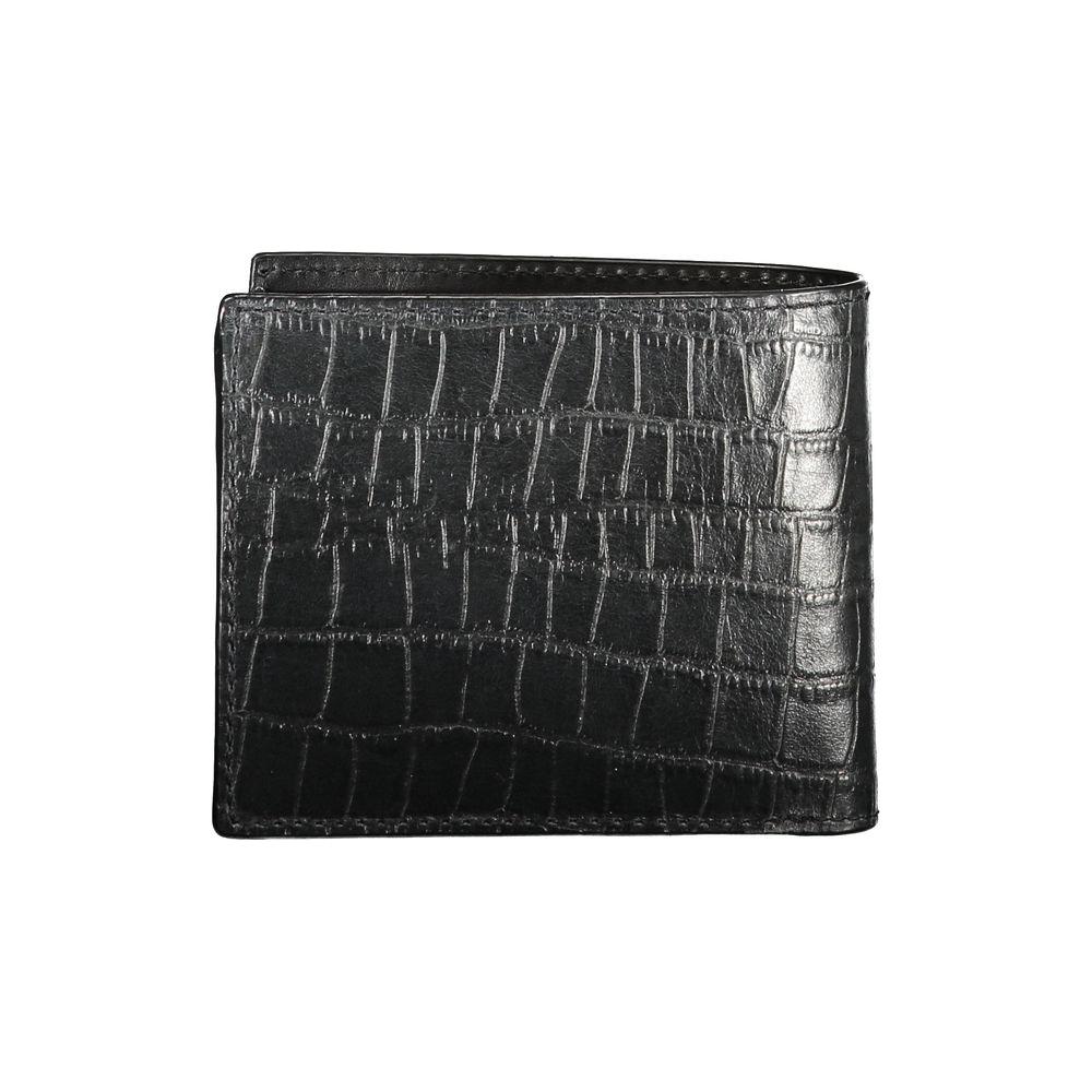 Tommy Hilfiger black leather wallet with crocodile pattern, featuring two compartments, coin purse, card spaces, and contrast details.