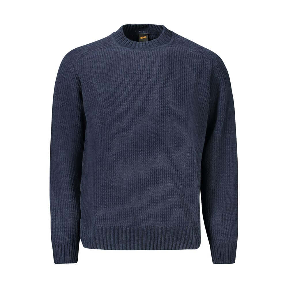 Hugo Boss blue cotton men's sweater, featuring stylish chenille texture and discreet logo, perfect for fashion-forward looks.