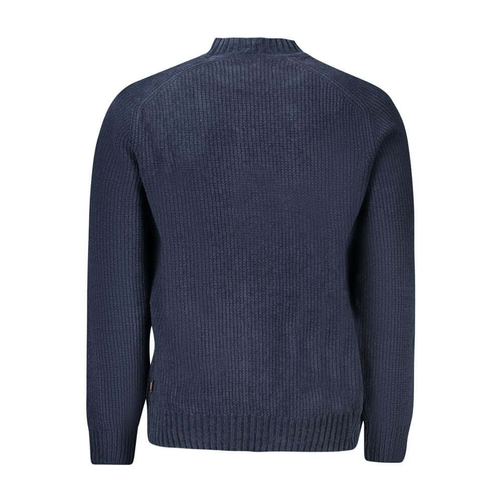 Hugo Boss blue cotton men's sweater, rear view, showcasing chenille fabric texture and simple design for a stylish and comfortable fit.