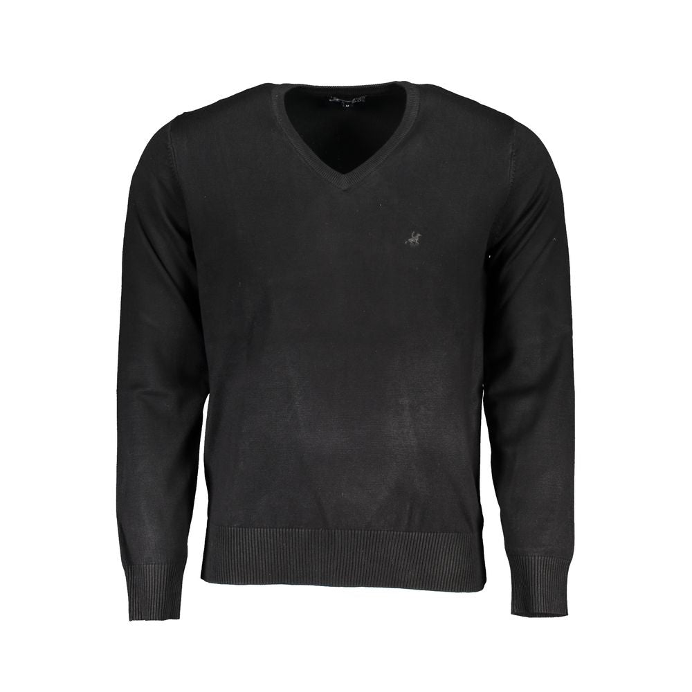 U.S. Grand Polo black nylon V-neck sweater with long sleeves and embroidered logo.