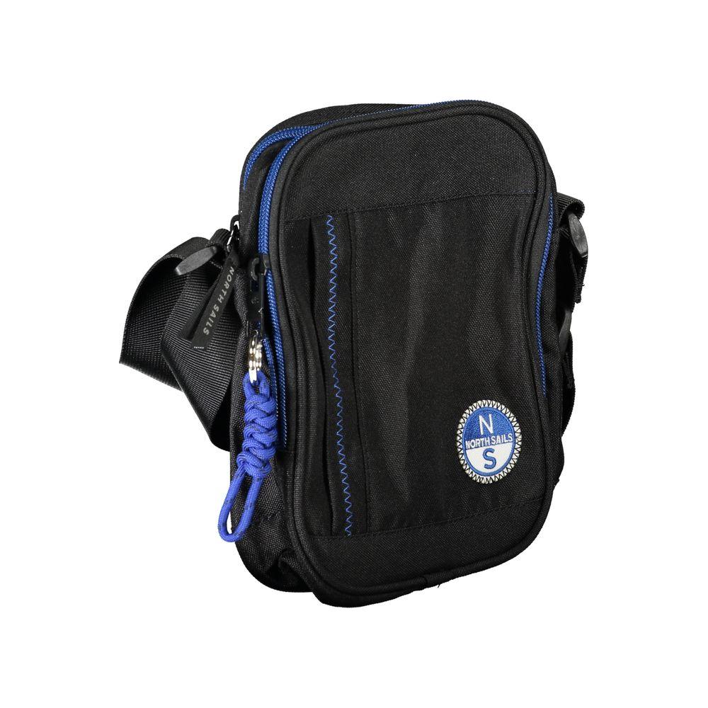Alt Tag: North Sails black polyester men's shoulder bag with blue accents, adjustable strap, and logo patch, ideal for daily use.