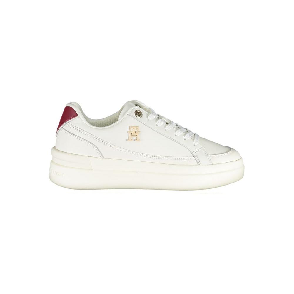 Tommy Hilfiger chic contrasting lace-up sporty sneakers with iconic logo, perfect for casual elegance and sophisticated style mavens.